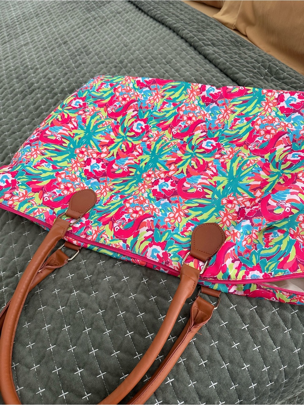 Vibrant Pink Floral Duffel Bag with Tan Handles